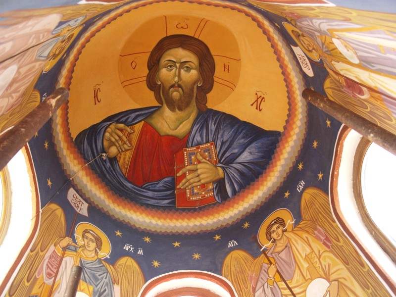 Fresco of Jesus Christ Pantocrator, Transfiguration and Crucufixion [in process] in “St George” church, Assenovgrad, Bulgaria / Стенопис на Иисус Христос Пантократор в купола на храм “Св. Георги” в Асеновград и стенописи на Преображение и Разпятие Христово [в&nbsp;процес]