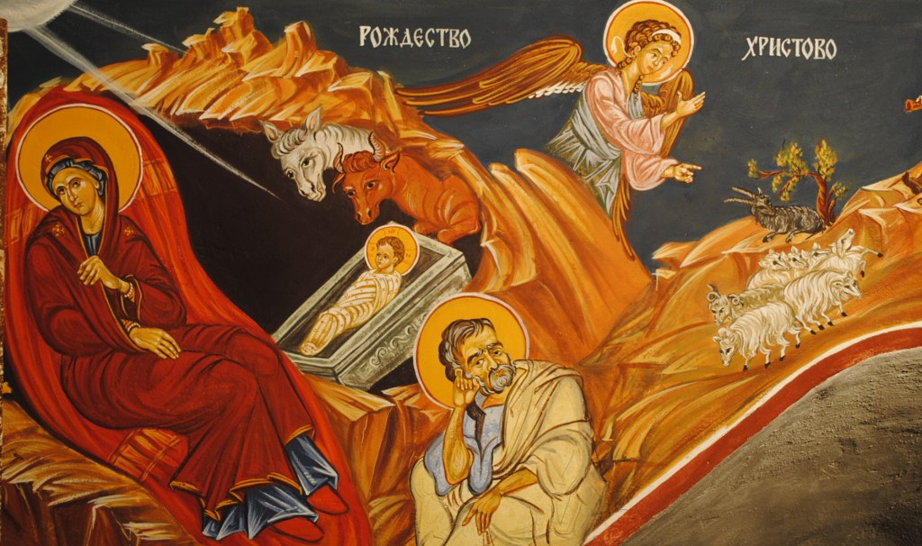 Изписване на сцената “Рождество Христово” на южната стена на храм “Свети Георги Победоносец” в Асеновград, Пловдивско, септември 2015 година.  Painting of “Nativity of Jesus Christ” on the south wall of the church “St George” in Asenovgrad, Plovdiv region, September,&nbsp;2015